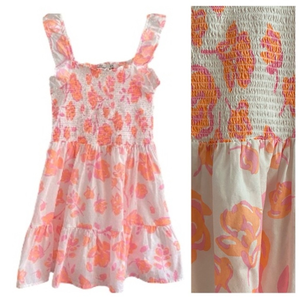 Vineyard Vines White Orange Print Floral Print Smocked Dress Medium